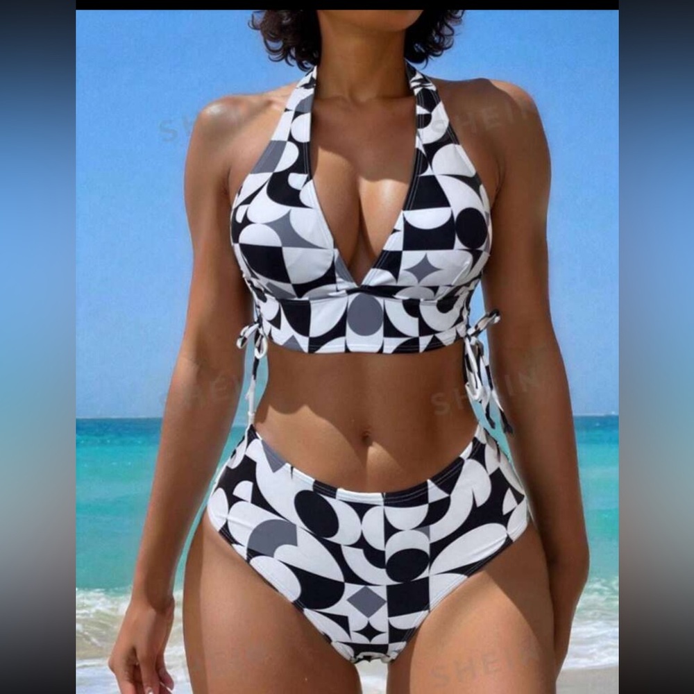 Women's Vacation Geometric Print Halter Neck Tie Bikini Set, Random Print